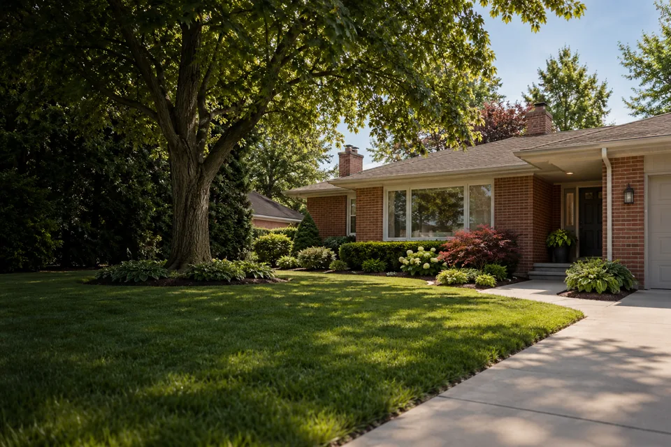 Pest Control in Livonia website cover with Michigan brick ranch home with a broad lawn, mature tree and a sheltered side entry