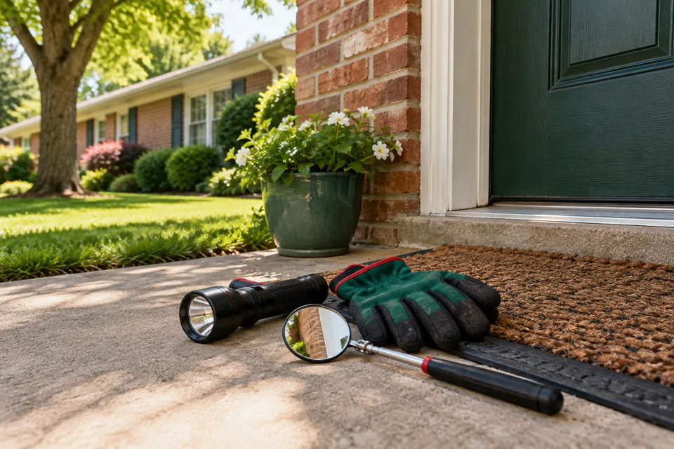 Pest inspection flashlight, mirror and gloves at a door threshold