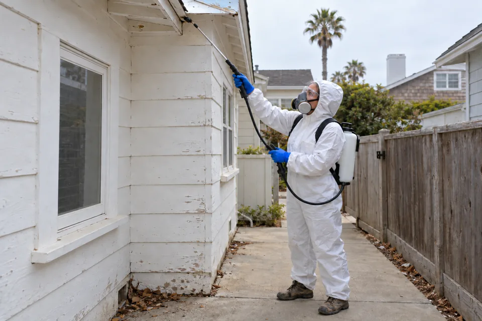 Technician in a protective suit treating beneath the eave of a white cottage, spider control in Livonia, Michigan