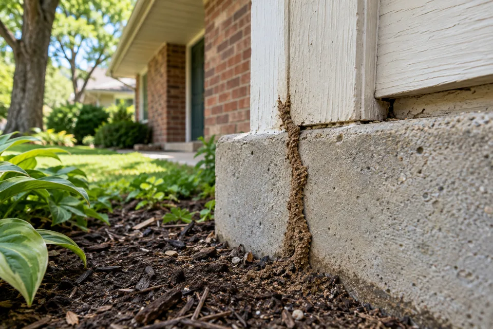 Earthen termite shelter tube beside concrete and wood trim